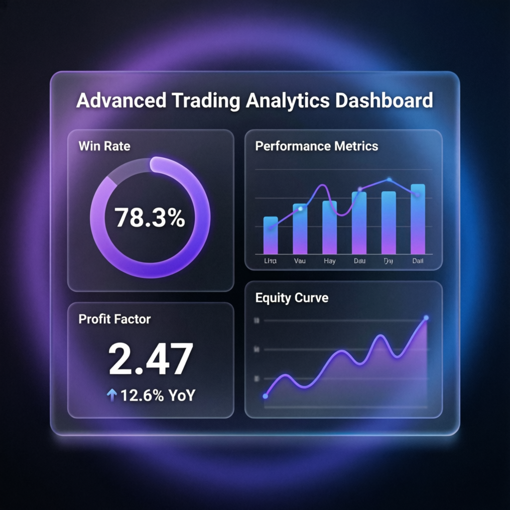 Advanced trading analytics dashboard showing win rate, profit factor, and equity curve for prop firm accounts