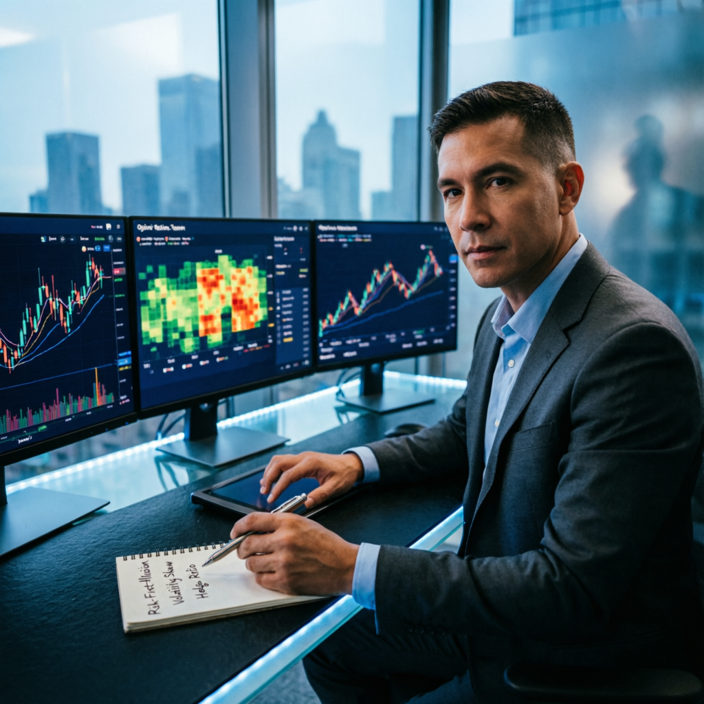 Professional trader analyzing multiple screens with trading strategies and prop firm evaluation metrics