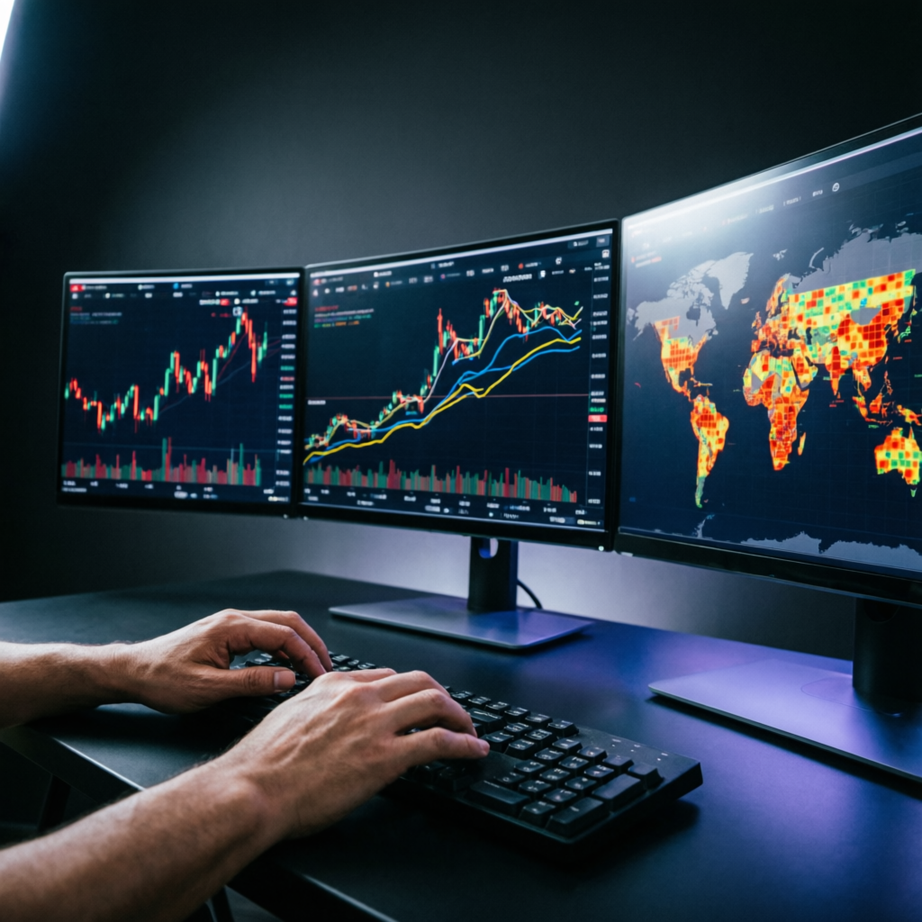 Professional trader hands on keyboard with multiple chart displays showing prop firm comparison analysis