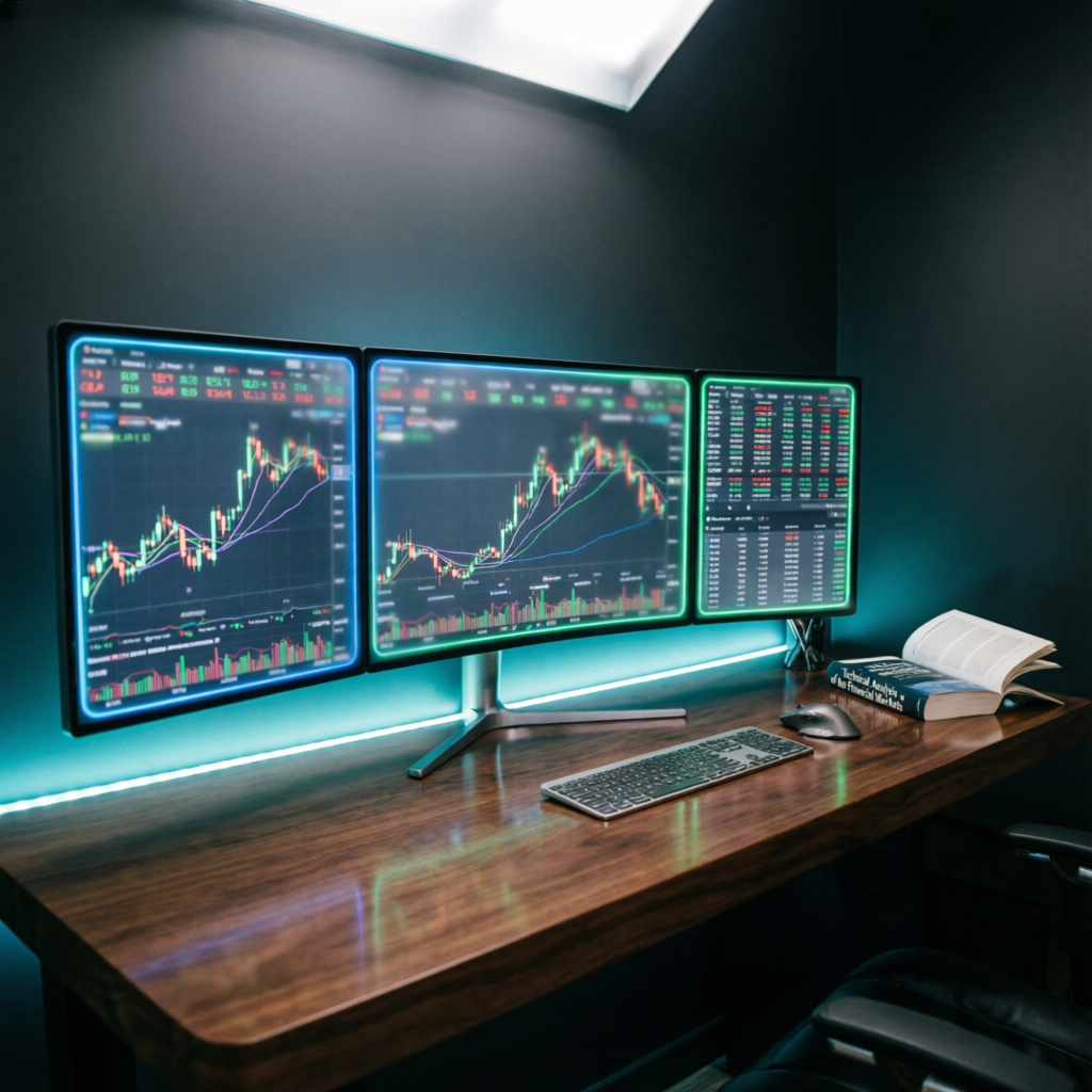 Professional forex trader workspace with multiple monitors showing Topstep trading charts and funded account dashboards