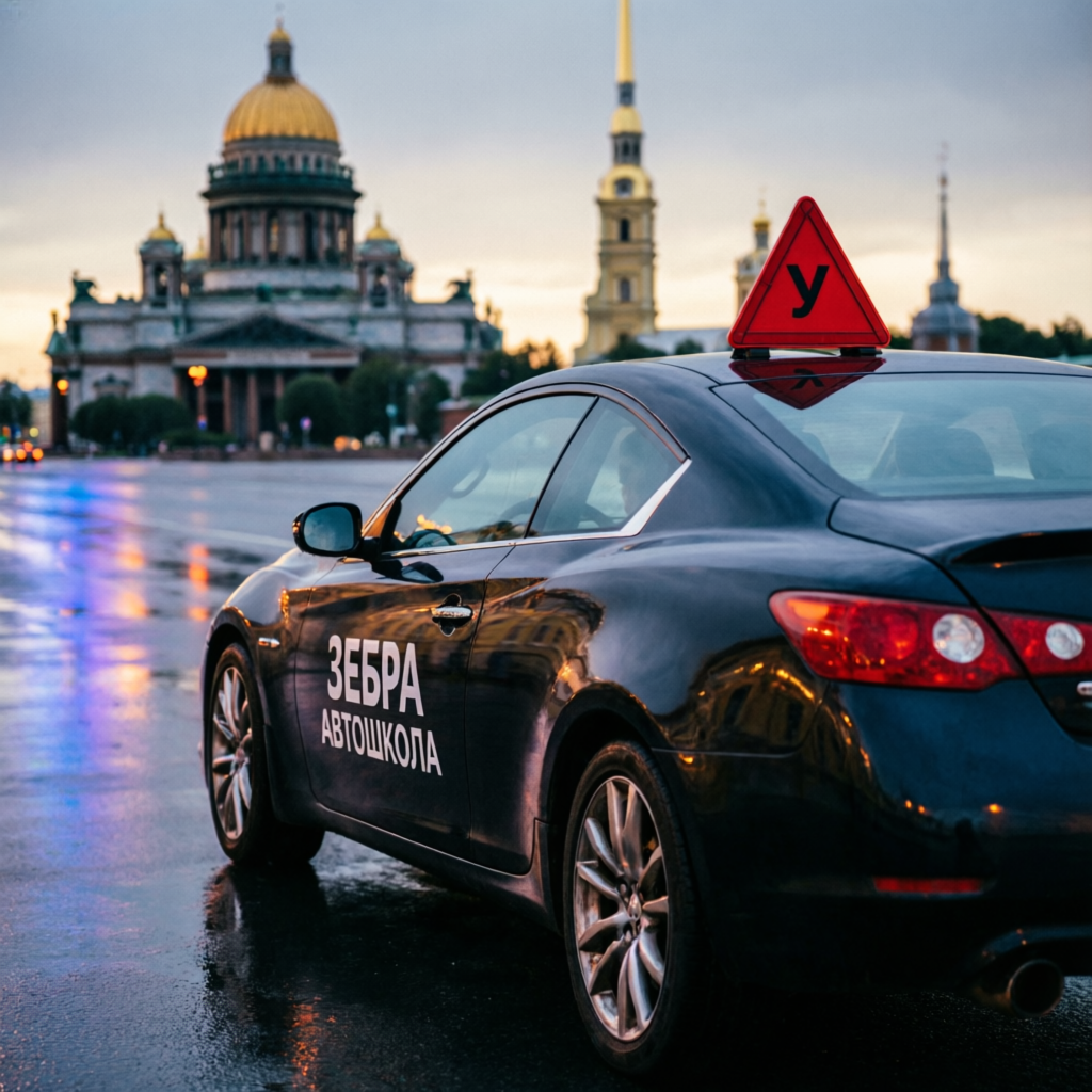 Учебный автомобиль автошколы «Зебра» на фоне Исаакиевского собора в Санкт-Петербурге