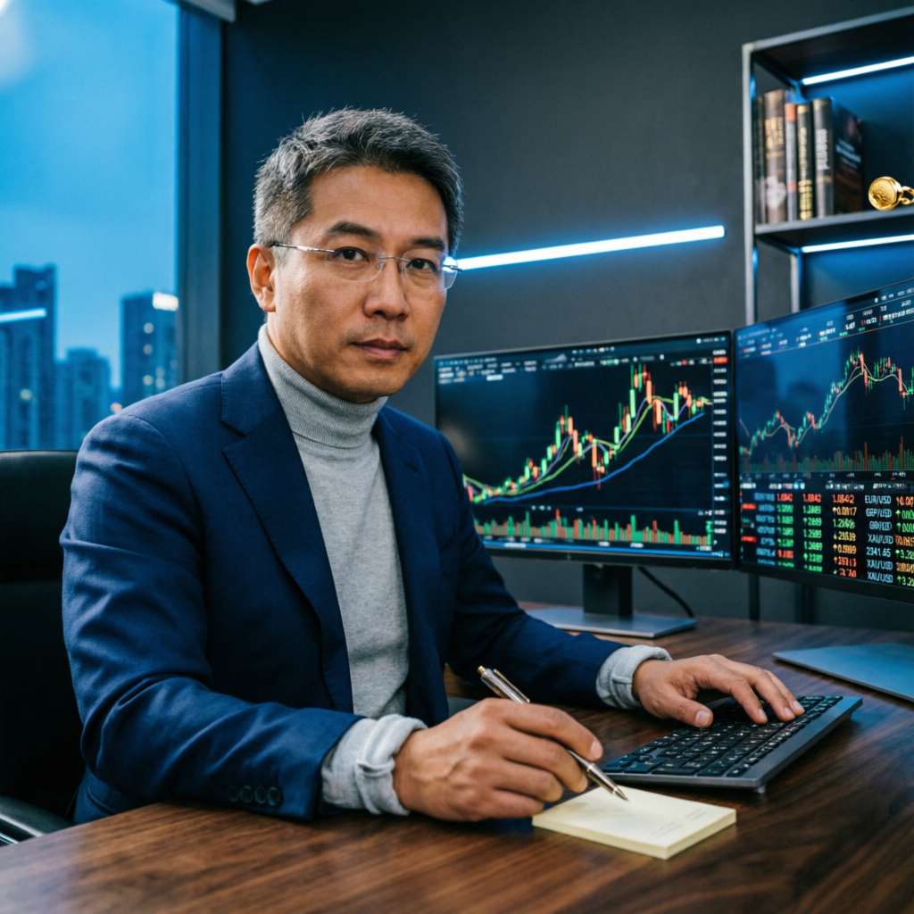 Professional forex trader managing prop firm accounts with multiple trading screens