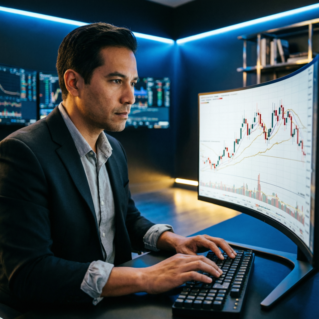 Professional trader analyzing forex charts on curved monitor for funded account management