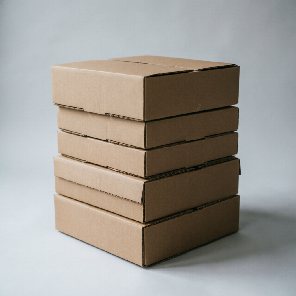 Stack of plain brown Regular Slotted Cartons (RSC) manufactured by Prime Cartons
