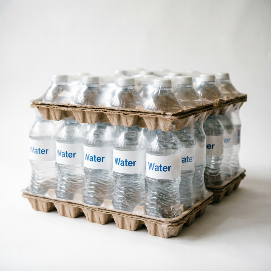 Corrugated trays holding shrink-wrapped packs of bottled water labelled Water, water packaging trays by Prime Cartons