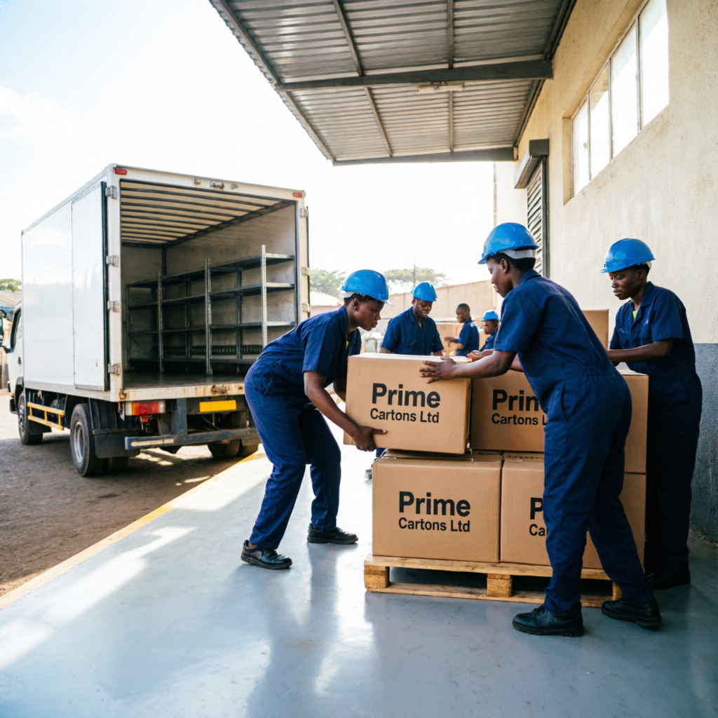 African workers loading pallets of Prime Cartons Ltd cartons onto a delivery truck at the Mombasa Road factory, Nairobi