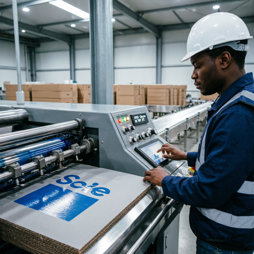 African machine operator running a flexographic press printing blue branding onto carton sheets