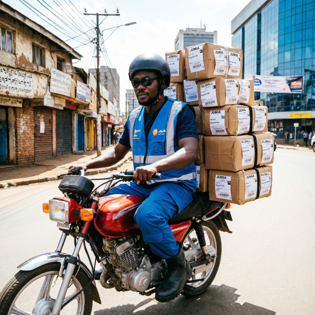 African e-commerce delivery courier on a motorbike carrying labelled cardboard parcels through Nairobi streets