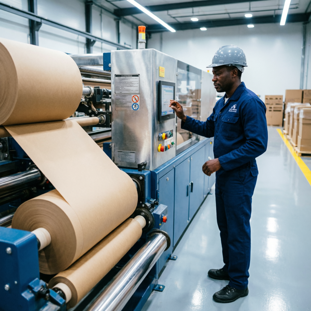 African technician operating the corrugator machine as kraft paper rolls form corrugated board at Prime Cartons
