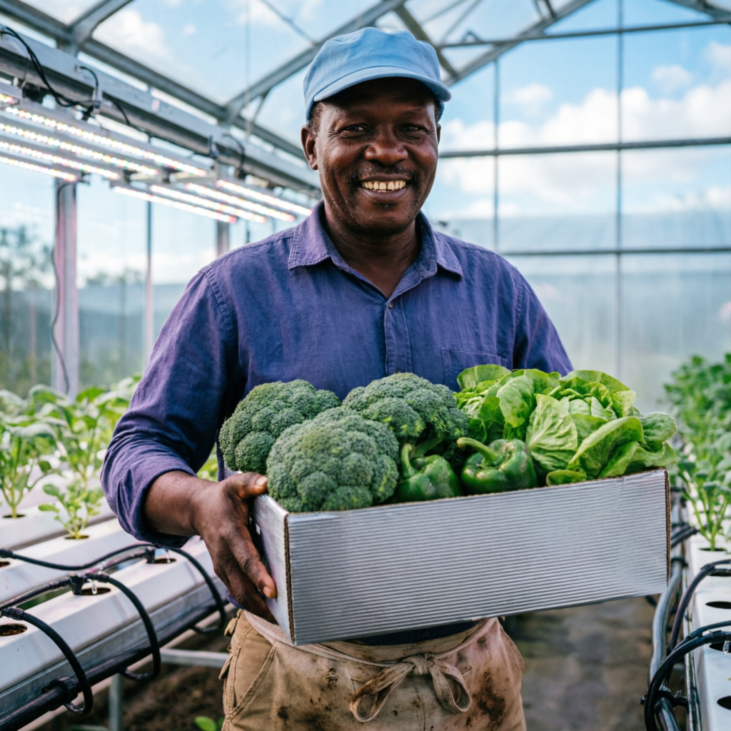 Smiling Kenyan farmer of African descent carrying a corrugated carton crate of fresh vegetables in a greenhouse