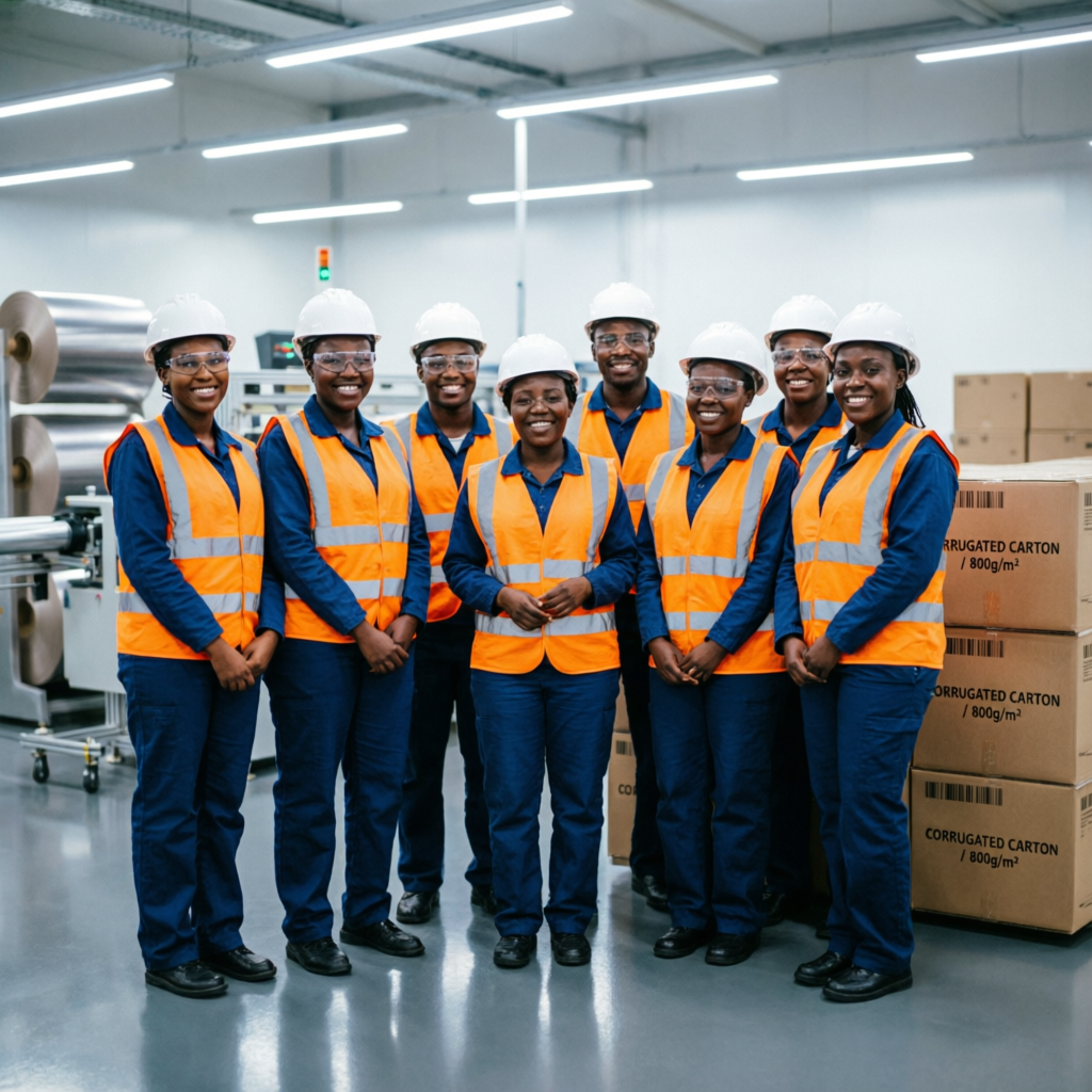 Smiling Kenyan factory team of African descent in safety vests standing beside stacked corrugated cartons at the Prime Cartons plant in Nairobi