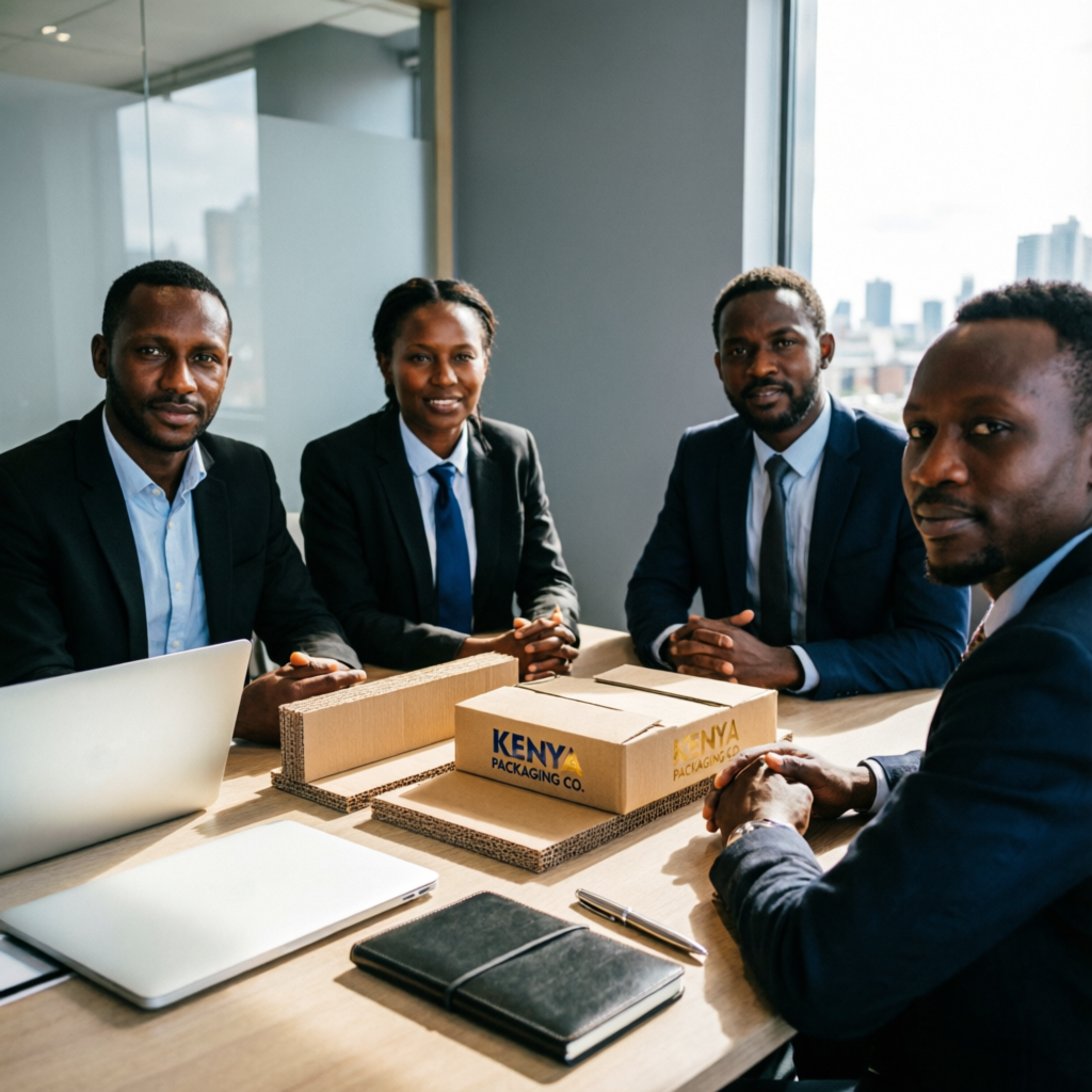 Kenyan management team of African descent reviewing corrugated carton samples in the Prime Cartons boardroom