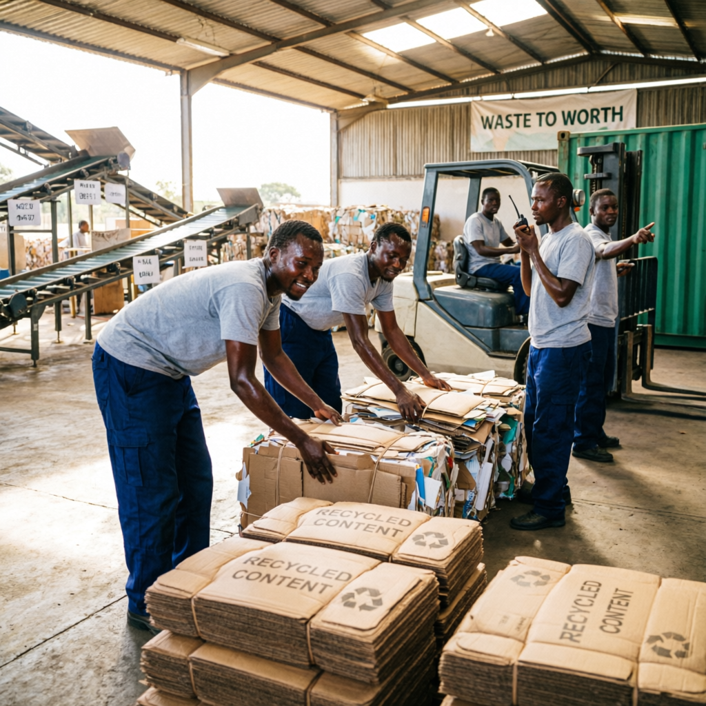 Kenyan workers stacking bales of recycled cardboard labelled recycled content at a recycling facility