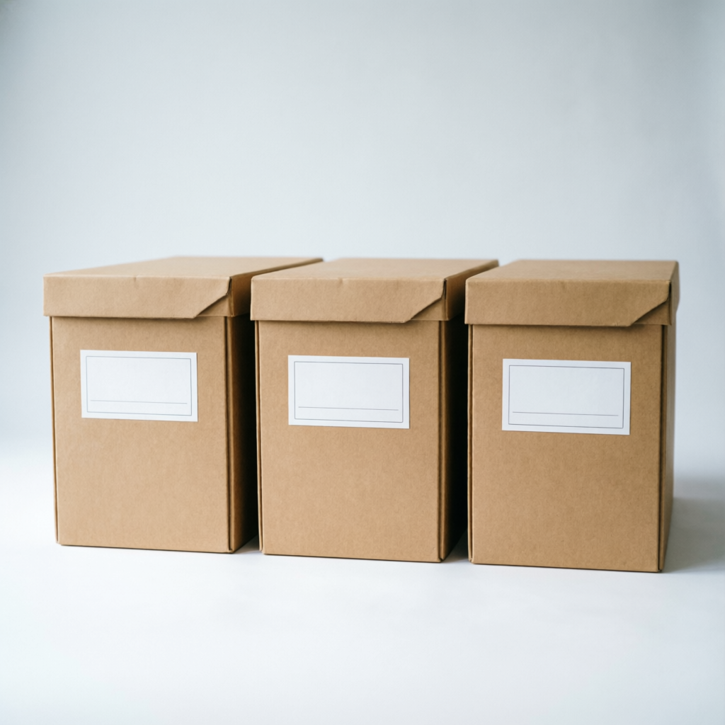 Three cardboard archive boxes with lids and white label panels made by Prime Cartons