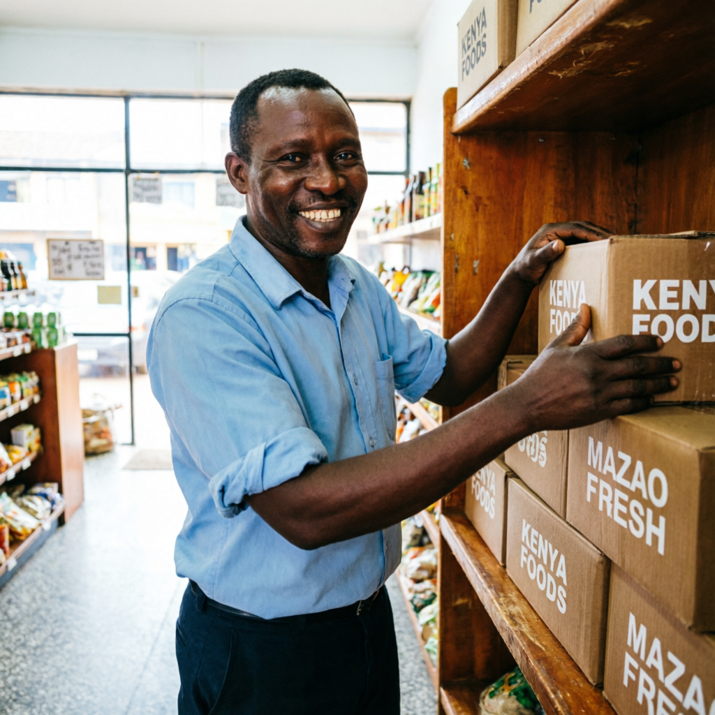 Smiling African shop owner stocking branded corrugated cartons on shelves in a Nairobi retail store