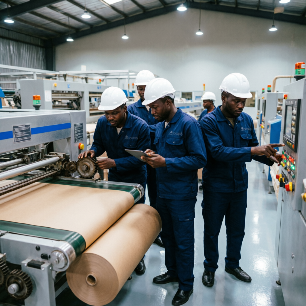 African factory engineers in blue uniforms and hard hats inspecting corrugated carton manufacturing machinery in a Kenyan plant