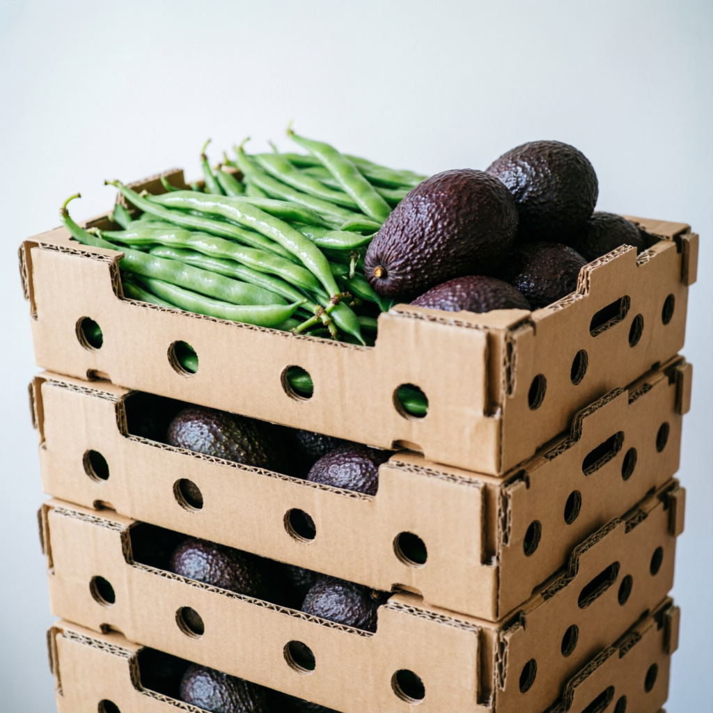 Stacked ventilated corrugated produce trays filled with French beans and avocados for horticulture export
