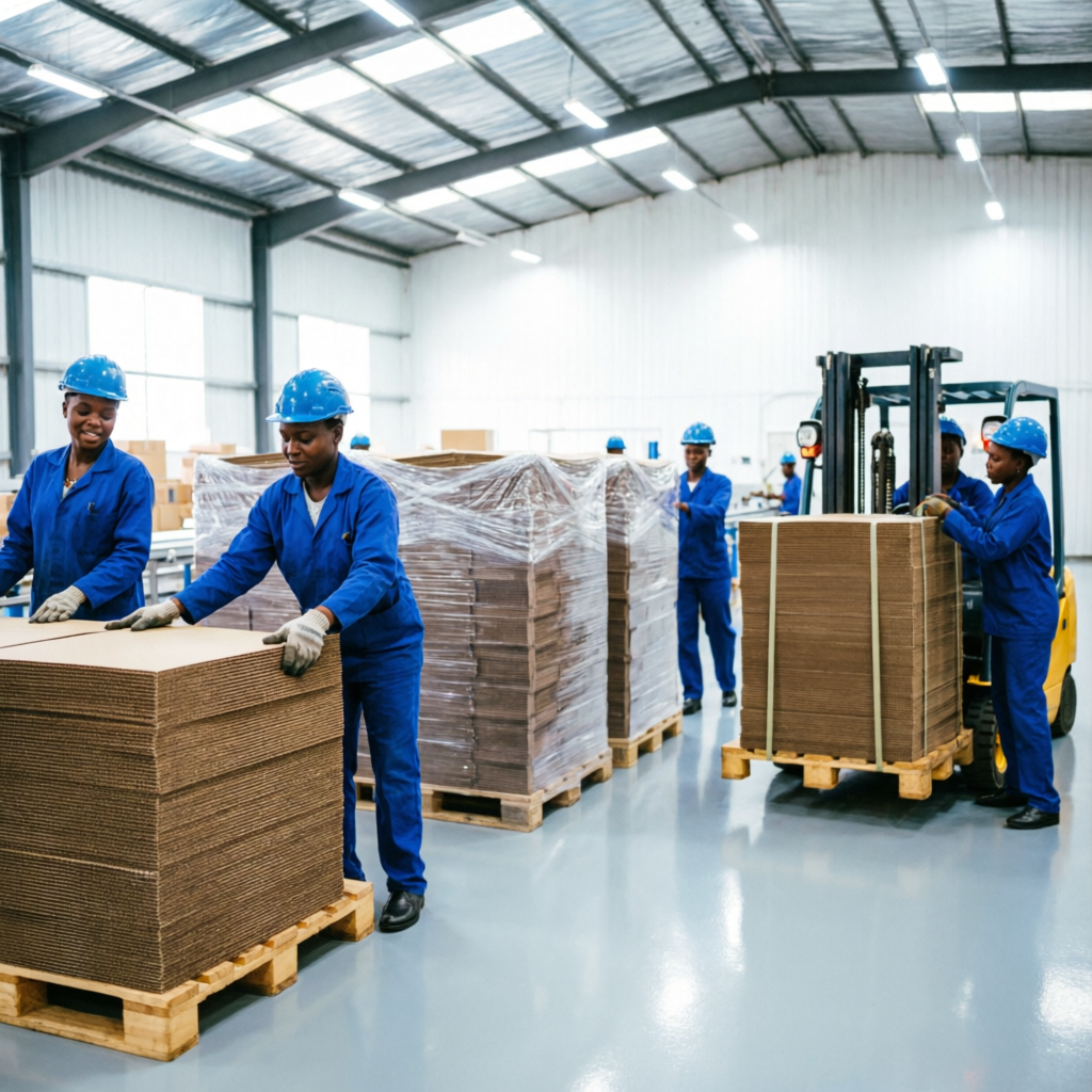 Kenyan factory workers stacking and strapping finished corrugated cartons onto pallets for dispatch