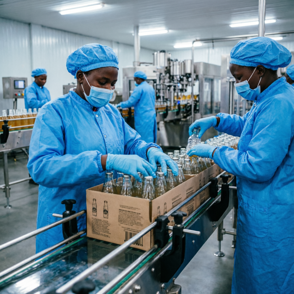 African workers in hygienic blue gear packing bottled beverages into corrugated cartons on a Kenyan bottling line