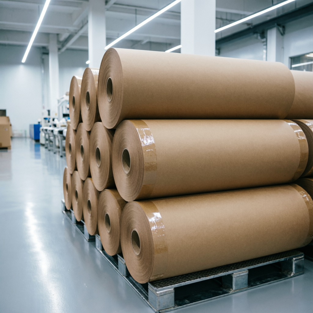 Large industrial SFK kraft paper rolls stacked on pallets in the Prime Cartons warehouse