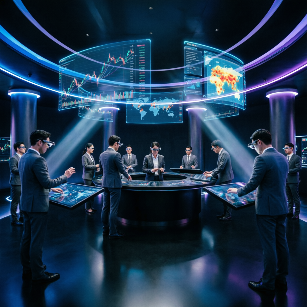 Futuristic AI-powered trading floor with professional traders and holographic displays