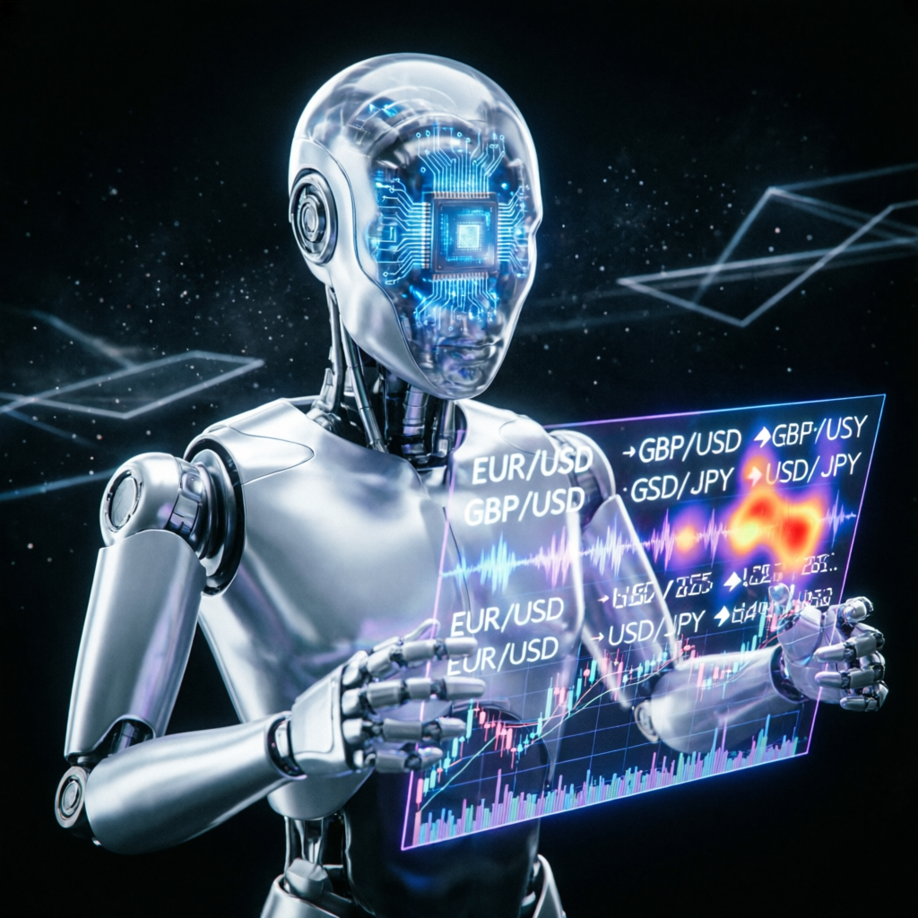 AI robot analyzing forex and futures trading data for Apex funded accounts