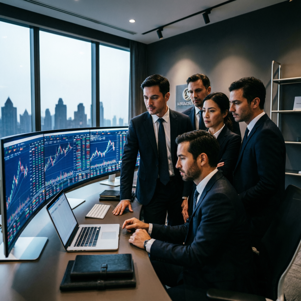 Professional trading team analyzing Apex funded account performance