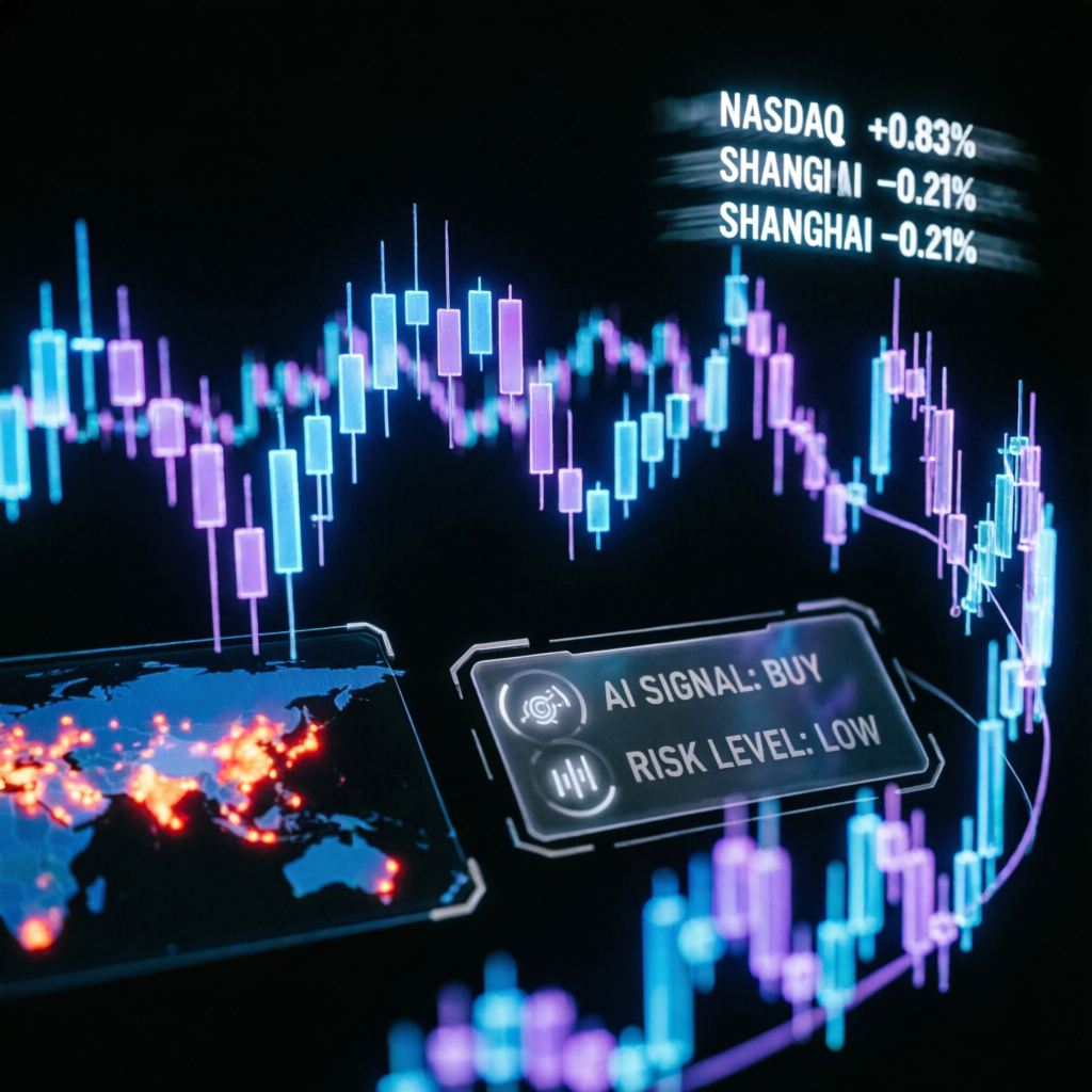 AI-powered Apex funded account trading dashboard with holographic financial charts