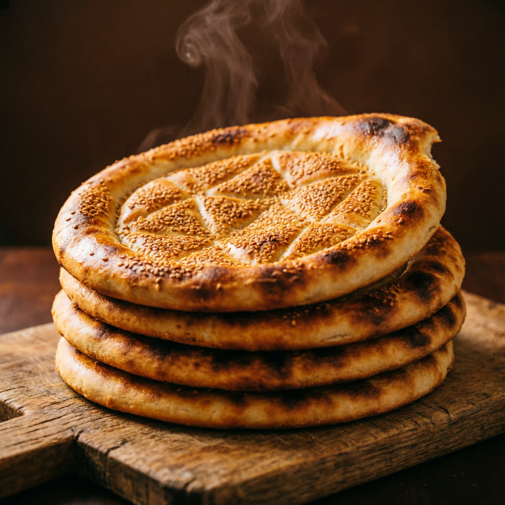 Stack of freshly baked Badakhshi naan bread at Baharak Market, North York