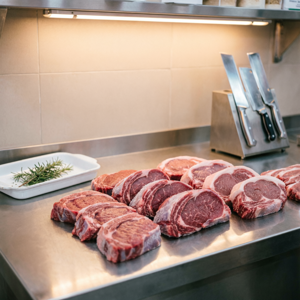 Fresh halal cuts at the Baharak Market butcher counter