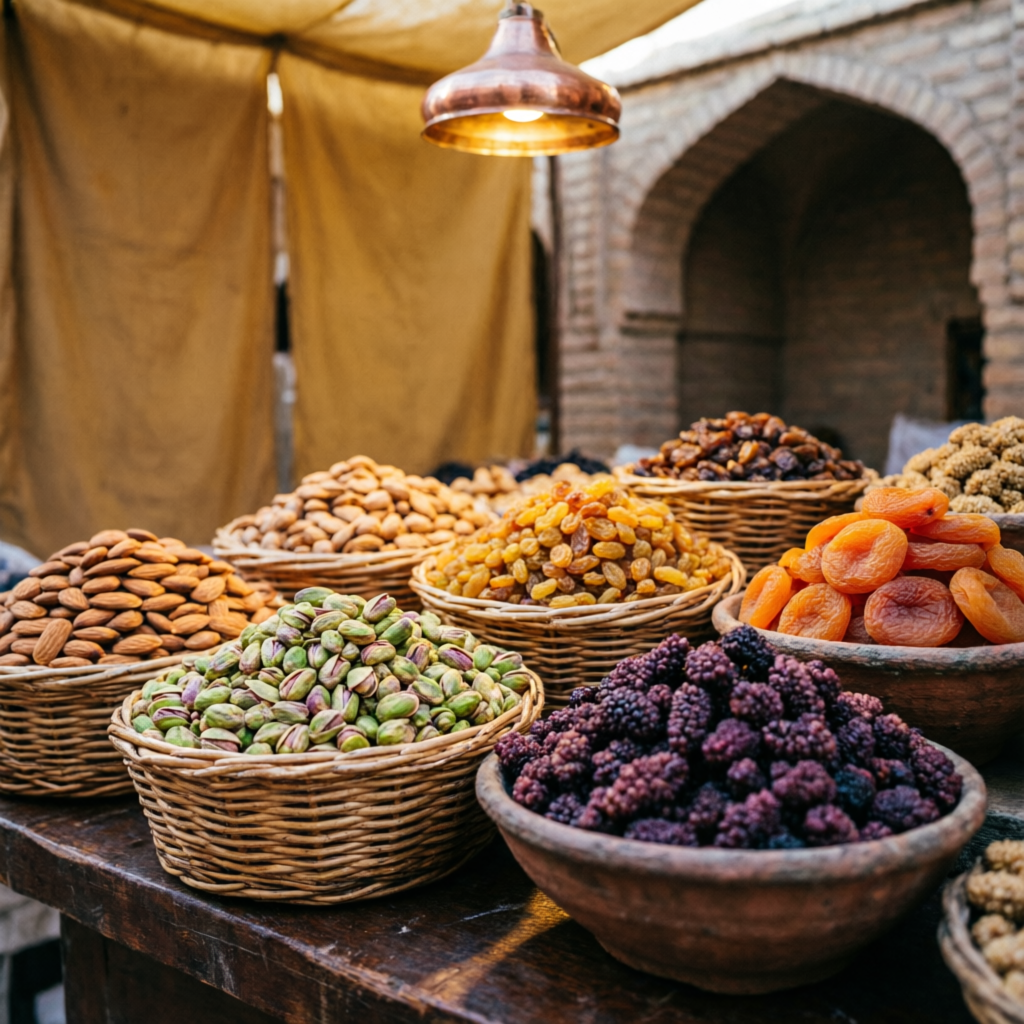 Bowls of Afghan dried fruits and nuts