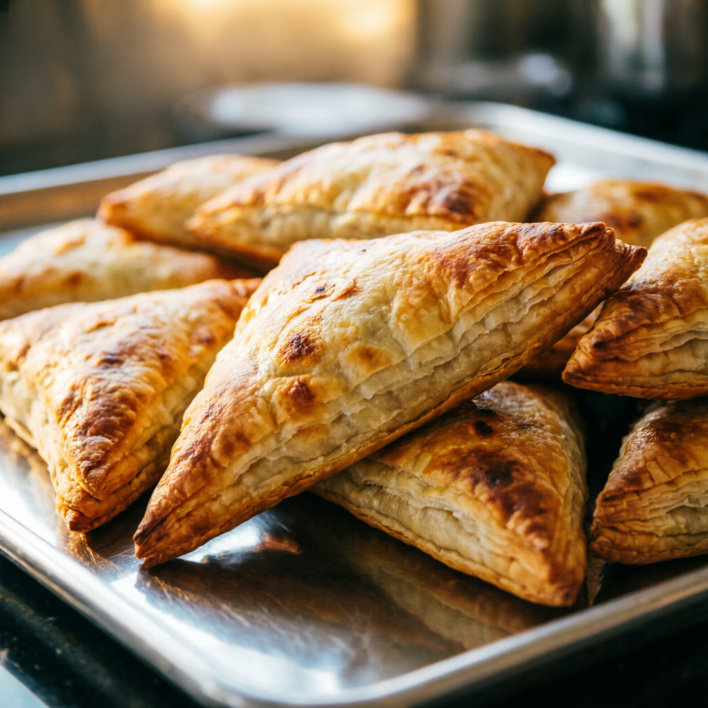 Golden tandoori samosas on a steel tray