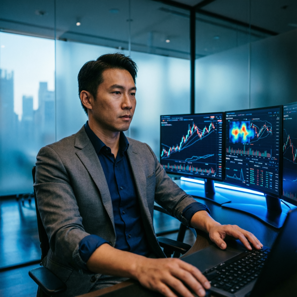 Professional forex account manager analyzing trading charts on multiple monitors