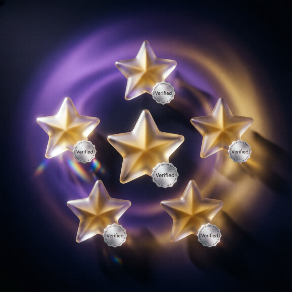 Five verified golden stars representing client reviews and testimonials