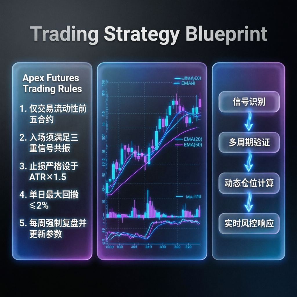 Trading strategy blueprint showing Apex futures trading rules and technical analysis