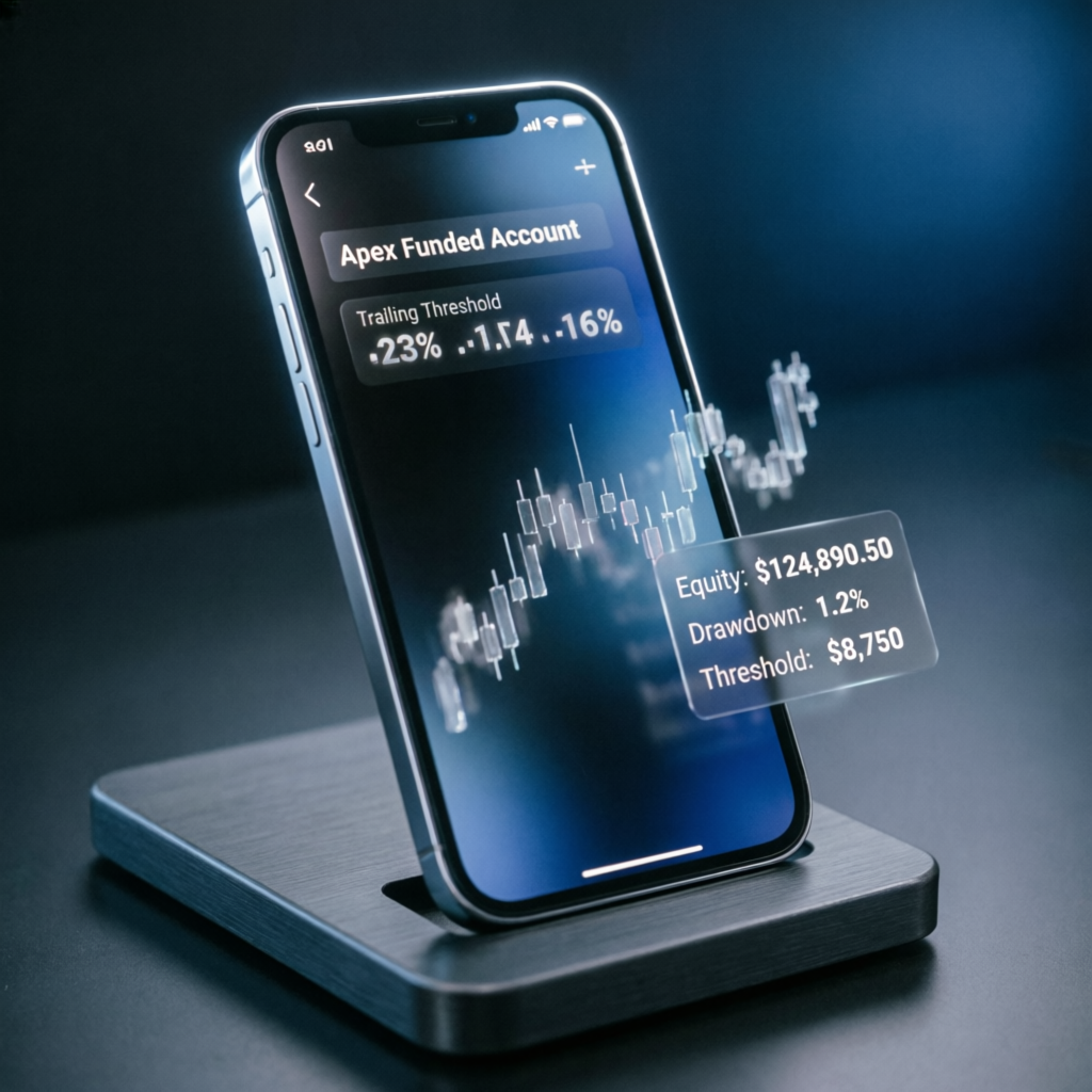 Mobile trading app showing Apex funded account with trailing threshold metrics
