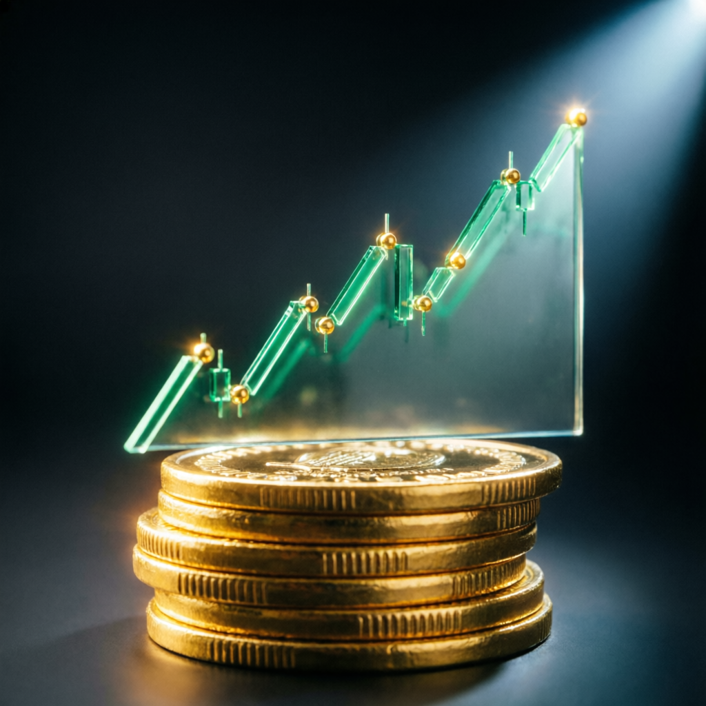 Payout proof success visualization with gold coins and rising trading chart