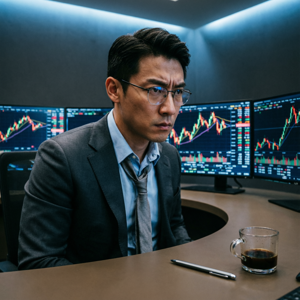 Focused professional trader analyzing market data