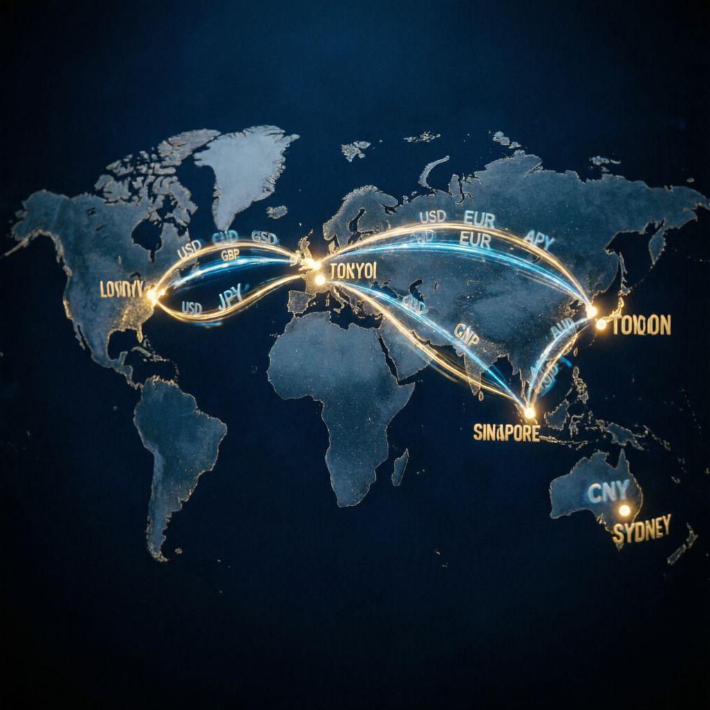 Global forex market visualization showing worldwide trading connections