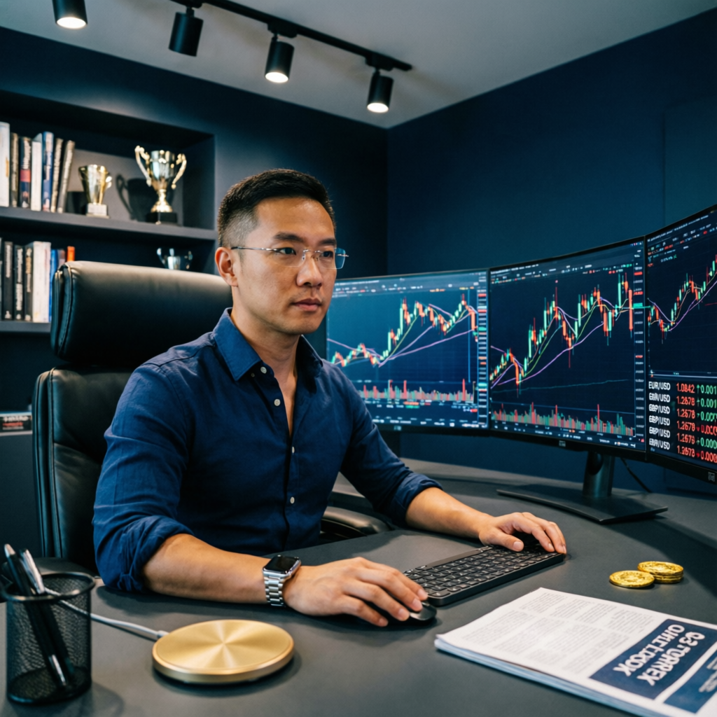 Professional forex trader at multi-monitor trading setup