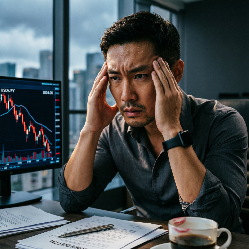 Stressed trader experiencing emotional trading failure