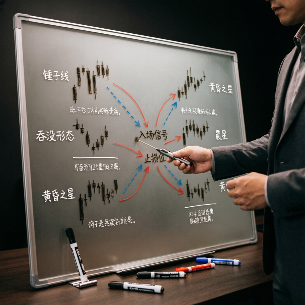 Trading strategy analysis on whiteboard with candlestick patterns