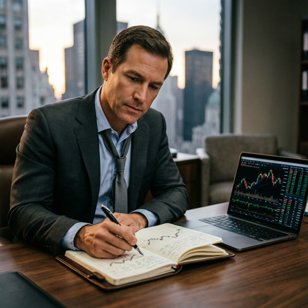 Professional trader maintaining detailed trading journal