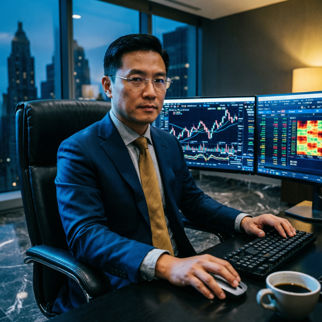 Professional forex trader at multi-monitor setup representing Topstep prop firm trading