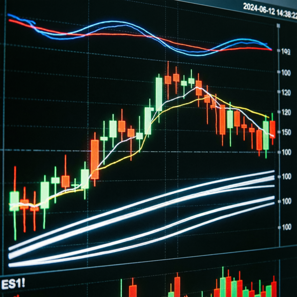 Advanced futures trading chart analysis with candlestick patterns and technical indicators