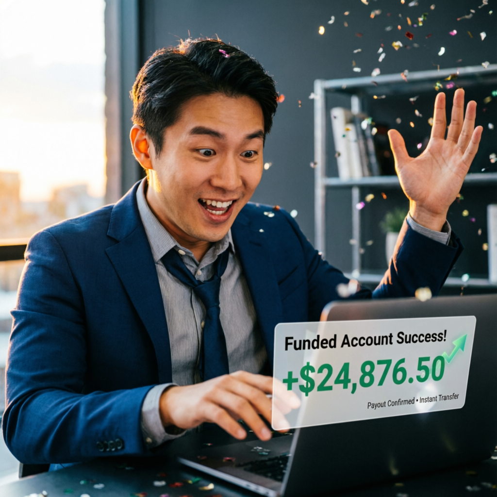 Trader celebrating funded account success with large payout notification