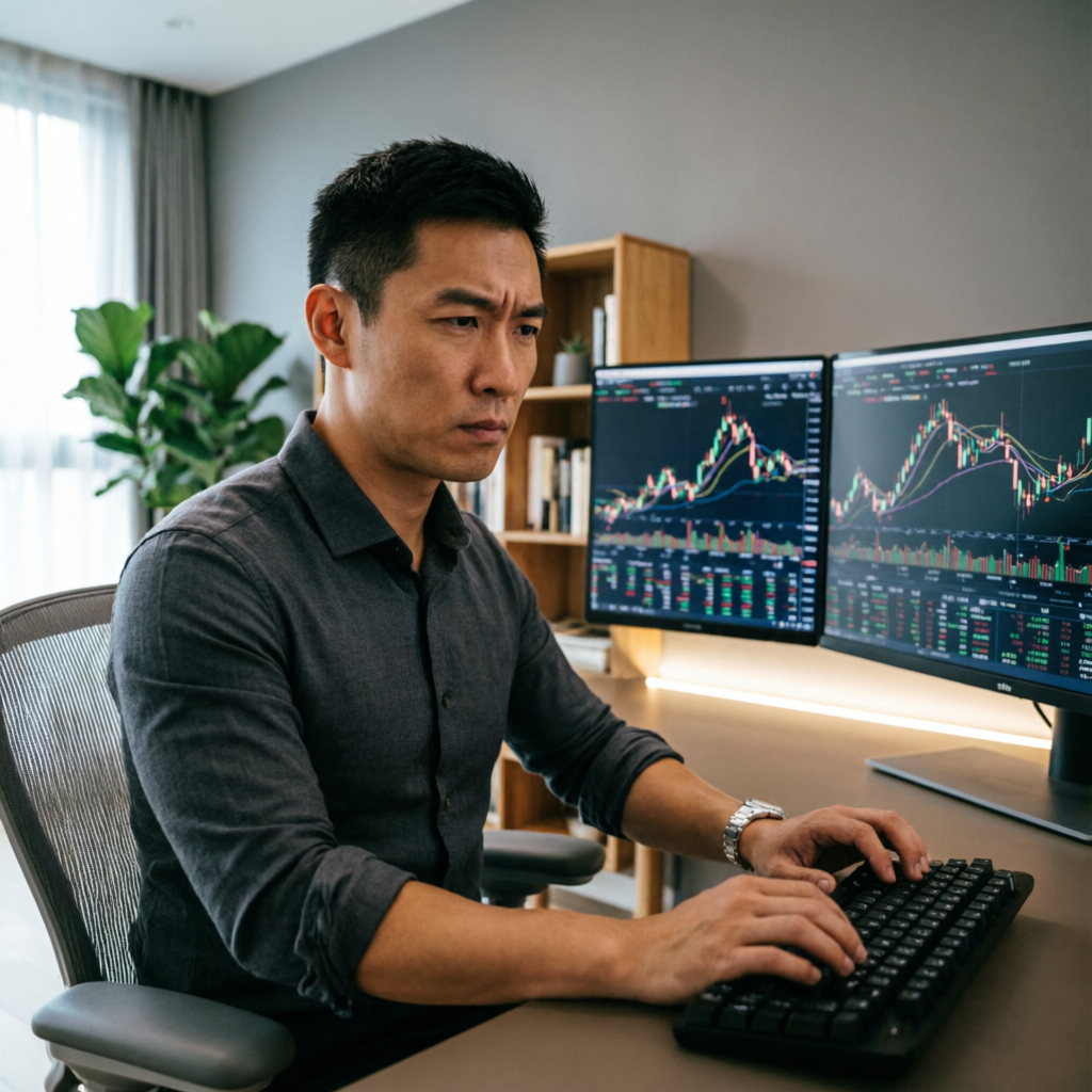 Professional trader analyzing futures charts on multiple monitors