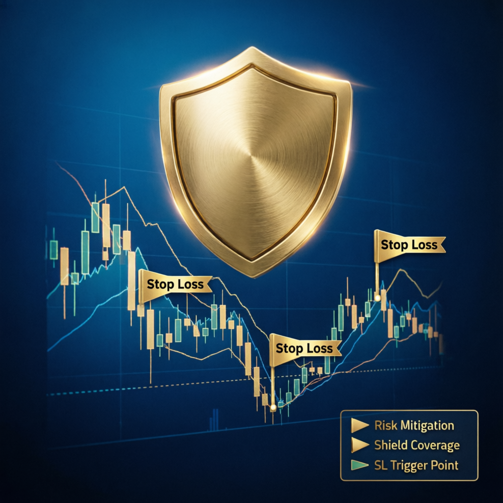 Risk management shield protecting trading chart with stop loss indicators
