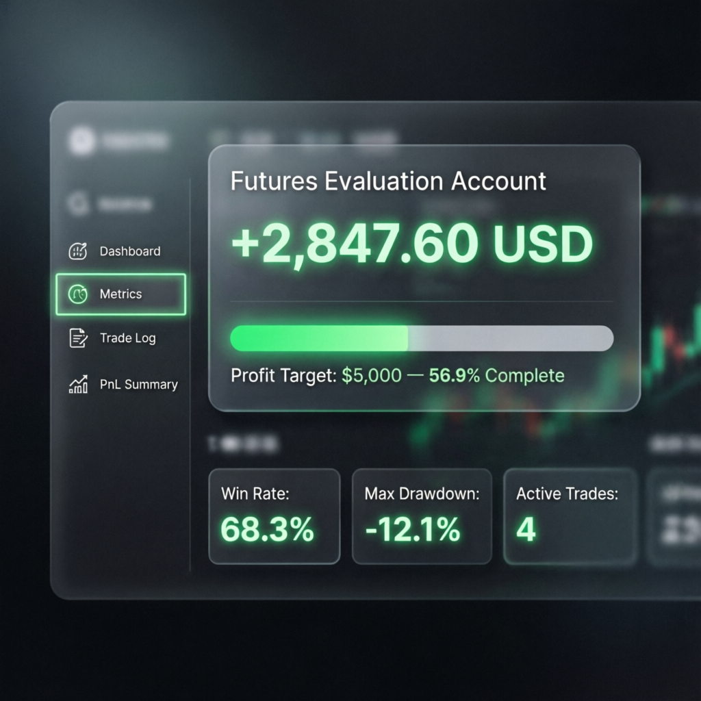 Apex Trader Funding Futures Evaluation Account Dashboard showing profit target progress