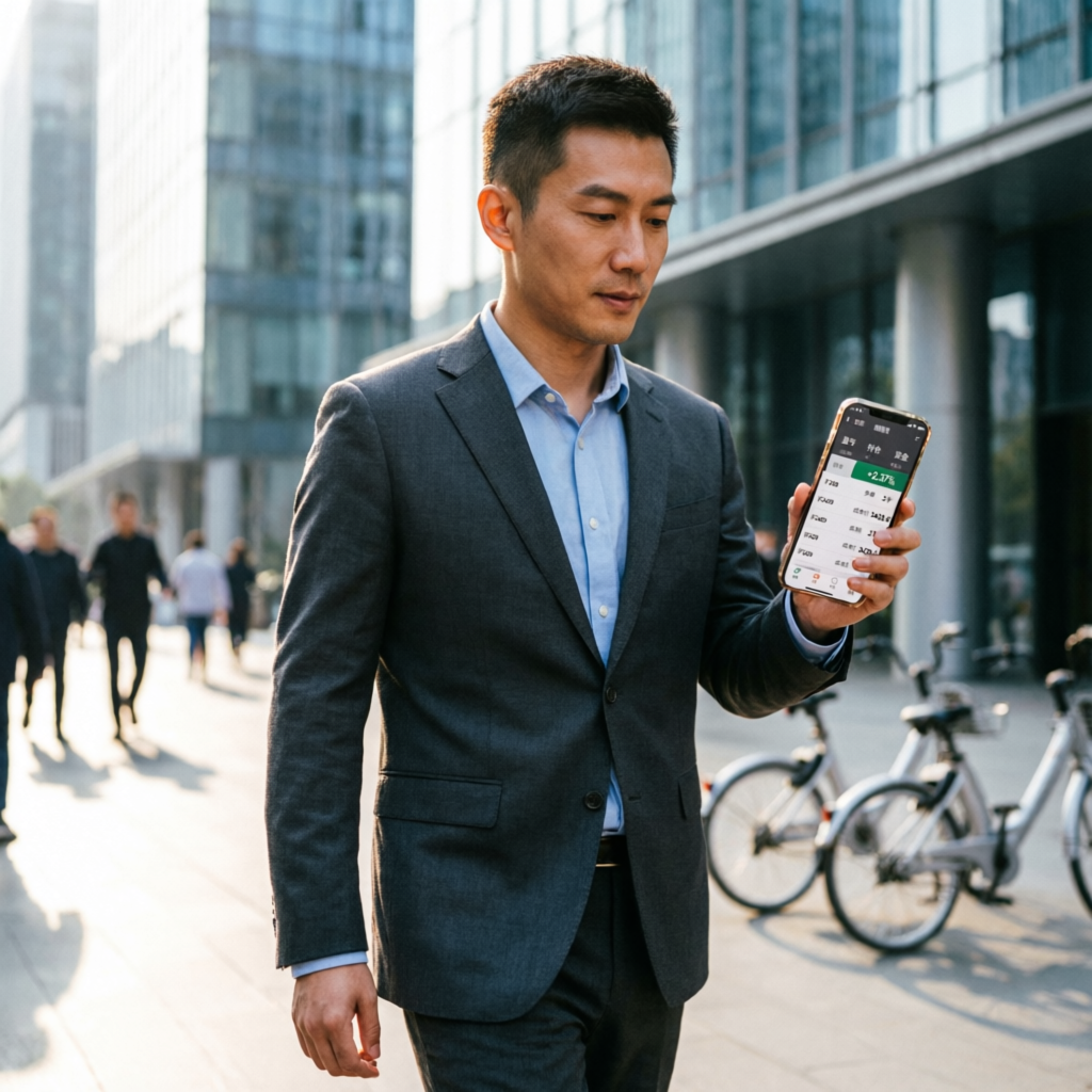 Professional trader checking mobile trading app while walking